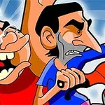 Hai nhân vật hoạt hình đang tranh cãi, một người đeo kính và tóc vàng, người kia có râu và tóc đen