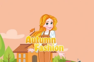 Hình ảnh một cô gái với mái tóc vàng mặc trang phục mùa thu, đứng trước một tòa nhà và cảnh sắc thiên nhiên tươi sáng với dòng chữ Autumn Fashion