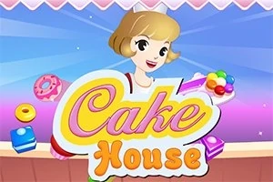 Nhân vật hoạt hình cầm bánh kẹo trước nền màu xanh và tím với dòng chữ Cake House