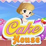 Nhân vật hoạt hình cầm bánh kẹo trước nền màu xanh và tím với dòng chữ Cake House