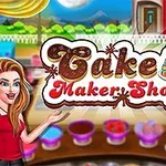 Một người phụ nữ đứng bên trái, bên cạnh chữ Cake Maker Shop với hình ảnh bánh kem màu sắc và vật liệu trang trí ở phía sau