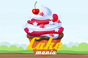 Hình ảnh một chiếc cupcake với kem phủ trắng và đỏ, trang trí sao và quả anh đào ở trên cùng, với chữ Cake mania phía dưới