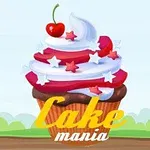 Hình ảnh một chiếc cupcake với kem phủ trắng và đỏ, trang trí sao và quả anh đào ở trên cùng, với chữ Cake mania phía dưới