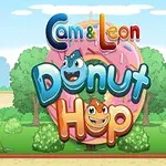 Hai nhân vật hoạt hình vui vẻ, Cam và Leon, đứng trước một chiếc bánh donut hồng lớn với nền là công viên xanh mát