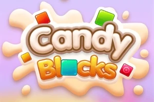 Hình ảnh có chữ Candy Blocks với các khối vuông màu sắc tươi sáng trên nền màu tím
