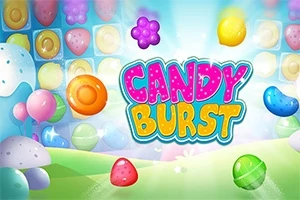 Hình ảnh đầy màu sắc với các viên kẹo hình dạng khác nhau trên nền sáng và chữ Candy Burst ở giữa