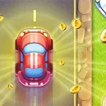 Xe hơi đỏ đang di chuyển trên đường với các đồng xu vàng xung quanh