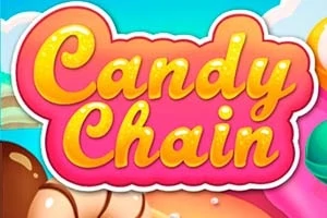 Chữ Candy Chain màu vàng được đặt trên nền màu hồng cùng hình ảnh kẹo và đám mây phía sau
