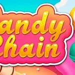 Chữ Candy Chain màu vàng được đặt trên nền màu hồng cùng hình ảnh kẹo và đám mây phía sau