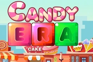 Chữ Candy Era với các chữ cái màu sắc rực rỡ, phía sau là nền của cửa hàng bánh ngọt và kem
