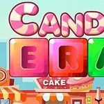 Chữ Candy Era với các chữ cái màu sắc rực rỡ, phía sau là nền của cửa hàng bánh ngọt và kem