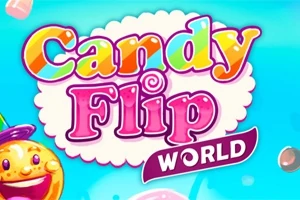 Chữ Candy Flip World đầy màu sắc trên nền xanh dương, trang trí với hình kẹo và một nhân vật kẹo vui nhộn ở góc dưới