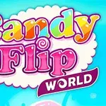 Chữ Candy Flip World đầy màu sắc trên nền xanh dương, trang trí với hình kẹo và một nhân vật kẹo vui nhộn ở góc dưới