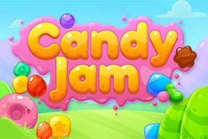 Chữ Candy Jam màu vàng nổi bật trên nền hồng với nhiều viên kẹo màu sắc và cảnh đồng cỏ xanh