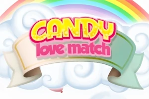 Chữ Candy Love Match trên nền mây với cầu vồng rực rỡ phía sau