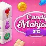 Hình ảnh có khối lập phương với các biểu tượng kẹo và logo với chữ Candy Mahjong 3D trên nền màu hồng