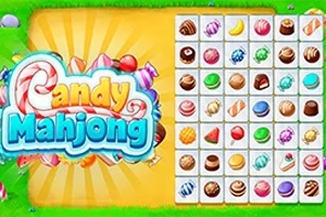Tiêu đề Candy Mahjong với nền xanh lá mạ và lưới chứa các hình ảnh kẹo đa dạng
