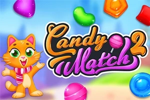Hình ảnh có một con mèo hoạt hình vui vẻ đứng bên cạnh dòng chữ Candy Match 2 với các viên kẹo nhiều màu sắc xung quanh