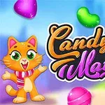 Hình ảnh có một con mèo hoạt hình vui vẻ đứng bên cạnh dòng chữ Candy Match 2 với các viên kẹo nhiều màu sắc xung quanh