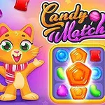 Một chú mèo và một chú chó hoạt hình vui vẻ đứng cạnh nhau với các viên kẹo màu sắc rực rỡ ở trung tâm