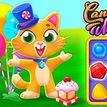 Chú mèo hoạt hình đội mũ xanh đứng cạnh bảng xếp kẹo nhiều màu sắc và chiếc bánh cupcake nhỏ, trên nền cỏ xanh với bóng bay