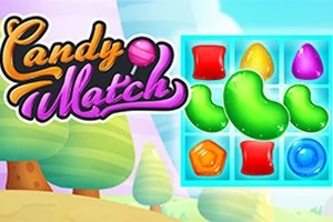 Hình ảnh có các viên kẹo nhiều màu sắc và logo Candy Match trên nền phong cảnh với cây cối