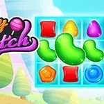 Hình ảnh có các viên kẹo nhiều màu sắc và logo Candy Match trên nền phong cảnh với cây cối