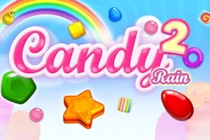 Chữ Candy Rain 2 màu hồng nổi bật trên nền trời xanh, cầu vồng, và các viên kẹo màu sắc hình thù đa dạng