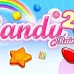 Chữ Candy Rain 2 màu hồng nổi bật trên nền trời xanh, cầu vồng, và các viên kẹo màu sắc hình thù đa dạng