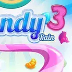 Hình ảnh với chữ Candy Rain 3 màu sắc tươi sáng với kẹo nhiều màu sắc và nền tươi sáng