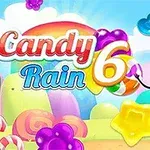 Hình ảnh có nền trời xanh với mây trắng, một viên kẹo mút mặt cười, chữ Candy Rain 6 đầy màu sắc, và nhiều viên kẹo hình sao và hình hoa trong khung cảnh rực rỡ