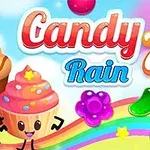 Hai nhân vật bánh cupcake dễ thương với các hình kẹo màu sắc trên nền bầu trời xanh và cầu vồng