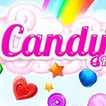 Hình ảnh có chữ Candy Rain trên nền mây hồng cùng cầu vồng, kẹo nhiều màu và một con bướm vàng