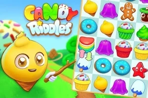 Nhân vật hình nón kem dễ thương cầm gậy và bảng chứa các hình kẹo như bánh donut, thạch, và bánh cupcake đầy màu sắc