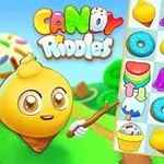Nhân vật hình nón kem dễ thương cầm gậy và bảng chứa các hình kẹo như bánh donut, thạch, và bánh cupcake đầy màu sắc