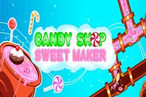 Hình ảnh có nền màu xanh với các ống kẹo tràn đầy kẹo dẻo màu hồng và dòng chữ CANDY SHOP SWEET MAKER màu xanh và hồng, cùng với một nồi kẹo lớn bên trái