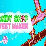 Hình ảnh có nền màu xanh với các ống kẹo tràn đầy kẹo dẻo màu hồng và dòng chữ CANDY SHOP SWEET MAKER màu xanh và hồng, cùng với một nồi kẹo lớn bên trái