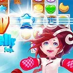 Hình ảnh có nền màu xanh, hiển thị các viên kẹo nhiều màu sắc và một nhân vật hoạt hình với tóc đỏ đeo găng tay màu hồng