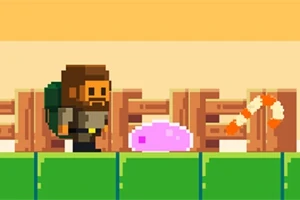 Nhân vật pixel art đứng cạnh một khối thạch màu hồng và cánh tay màu cam trên nền cỏ xanh và hàng rào gỗ