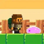Nhân vật pixel art đứng cạnh một khối thạch màu hồng và cánh tay màu cam trên nền cỏ xanh và hàng rào gỗ