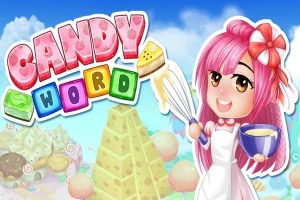 Nhân vật nữ tóc hồng với nơ cầm chén và phới đánh trứng trước cảnh nền bánh kẹo và chữ CANDY WORD nhiều màu sắc