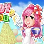Nhân vật nữ tóc hồng với nơ cầm chén và phới đánh trứng trước cảnh nền bánh kẹo và chữ CANDY WORD nhiều màu sắc