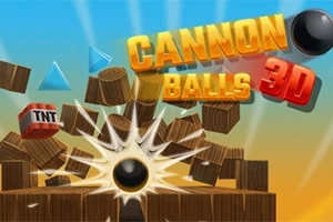 Quả bóng đen đang phá huỷ các khối gỗ với hiệu ứng phát nổ và dòng chữ Cannon Balls 3D ở phía trên