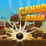 Quả bóng đen đang phá huỷ các khối gỗ với hiệu ứng phát nổ và dòng chữ Cannon Balls 3D ở phía trên
