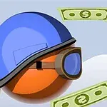 Quả cầu màu cam đội mũ bảo hiểm màu xanh bay trên bầu trời với các tờ tiền xung quanh