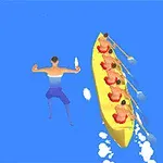 Một người đàn ông bơi cạnh chiếc thuyền chèo vàng với năm người ngồi trên thuyền