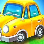 Xe hơi màu vàng hoạt hình với thiết kế dễ thương, đỗ trên bãi cỏ xanh