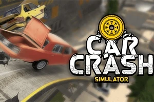 Một chiếc xe hơi màu cam bị tai nạn trên đường với chữ Car Crash Simulator bên cạnh