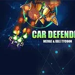 Hình ảnh có một robot khổng lồ, một chiếc xe nhỏ màu tím đang bắn tia laser và dòng chữ CAR DEFENDER trên nền xanh
