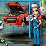 Một người thợ sửa xe mỉm cười đứng trong một gara với một chiếc ô tô đang được sửa chữa và một logo liên quan đến gara ở góc trái